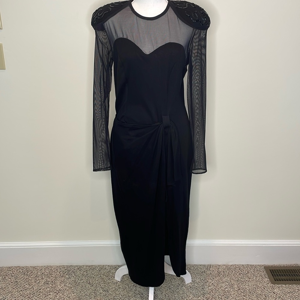 Monica Heart Dressy Black Long Dress With Sheer Panels & Sequins. Size 12